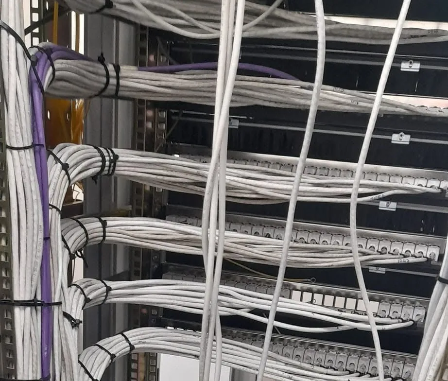 Bastidor com cabos de rede organizados em feixes, num data center instalado pela SIS